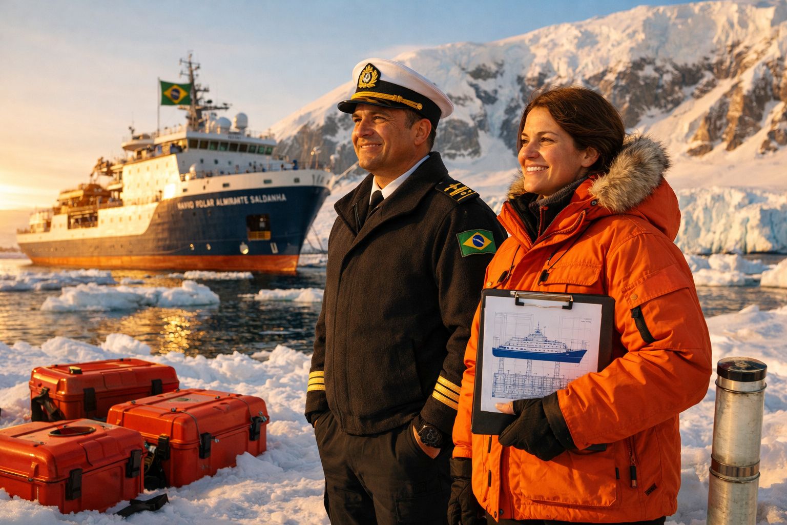 Duas pessoas em roupas de frio com navio de pesquisa brasileiro e gelo ao fundo, em ambiente polar.