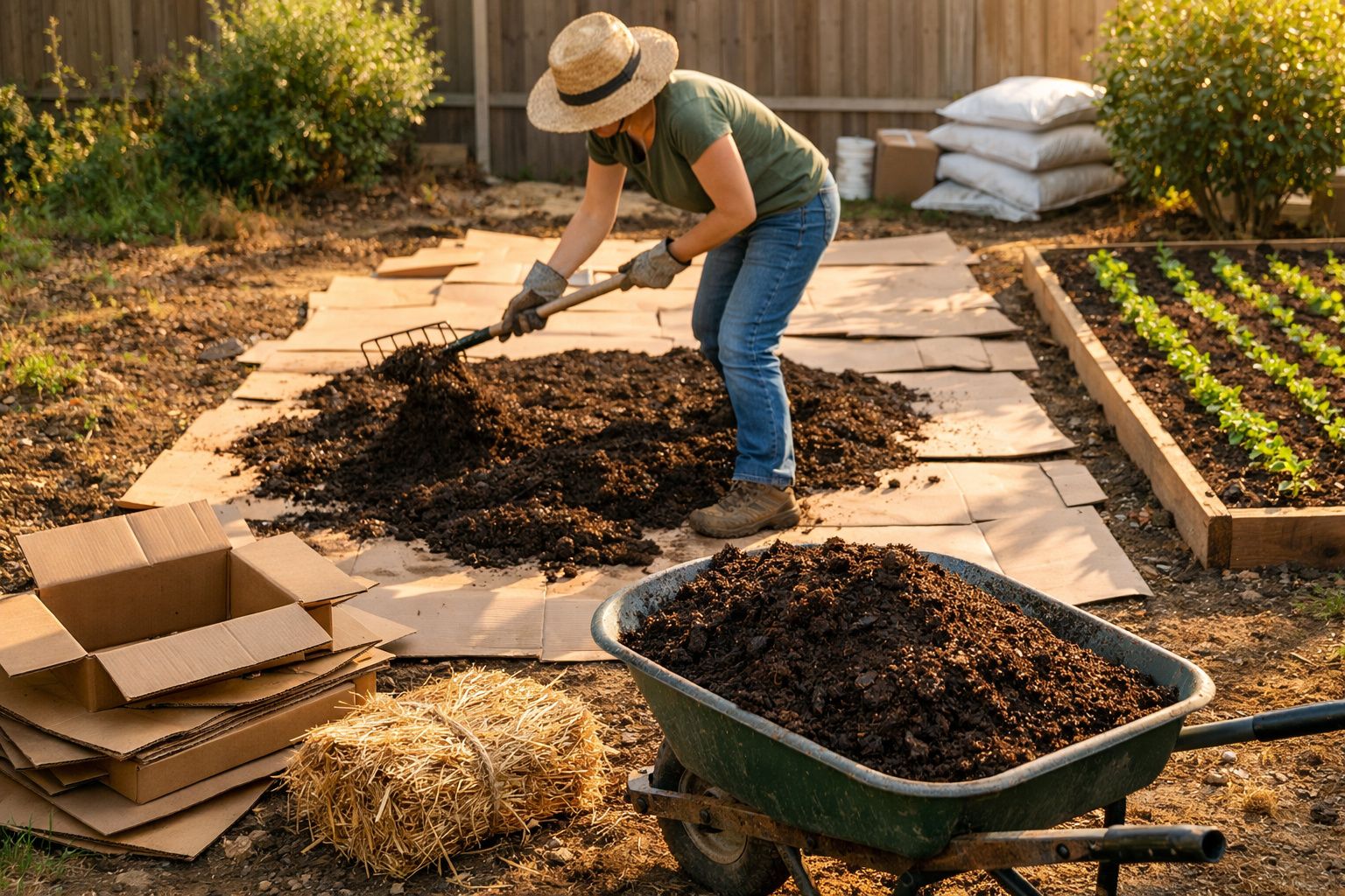 Pessoa usando chapéu e luvas espalha composto sobre papelão no jardim, com carrinho de mão e muda de plantas ao lado.