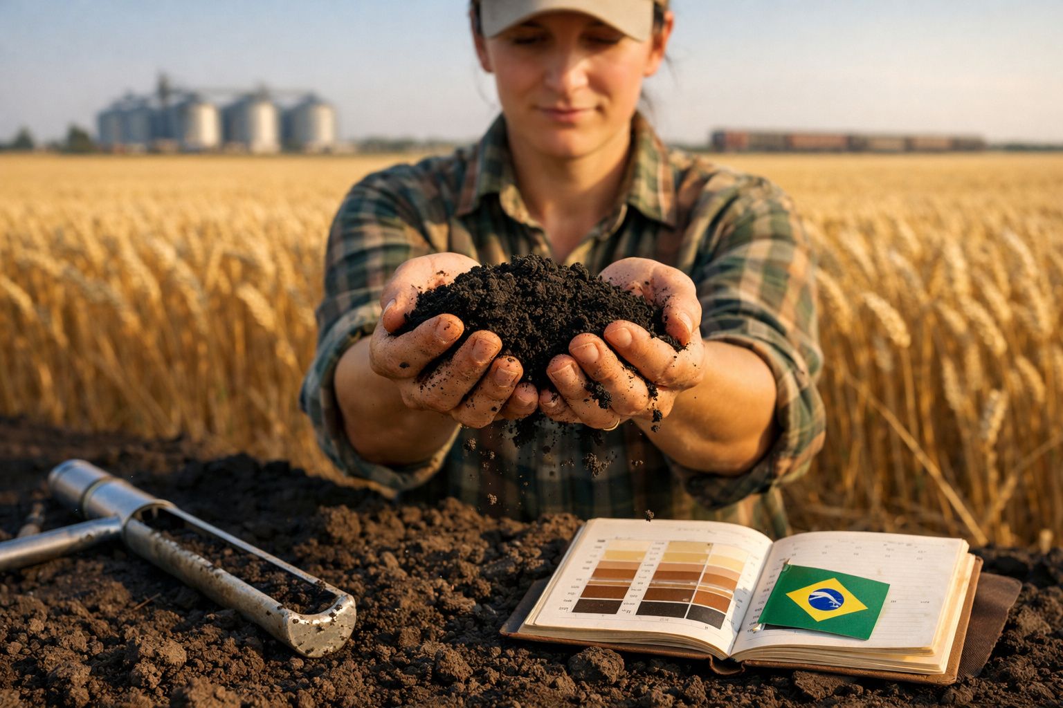 Pessoa segurando terra fértil em campo de trigo, com amostras de solo e bandeira do Brasil ao lado.