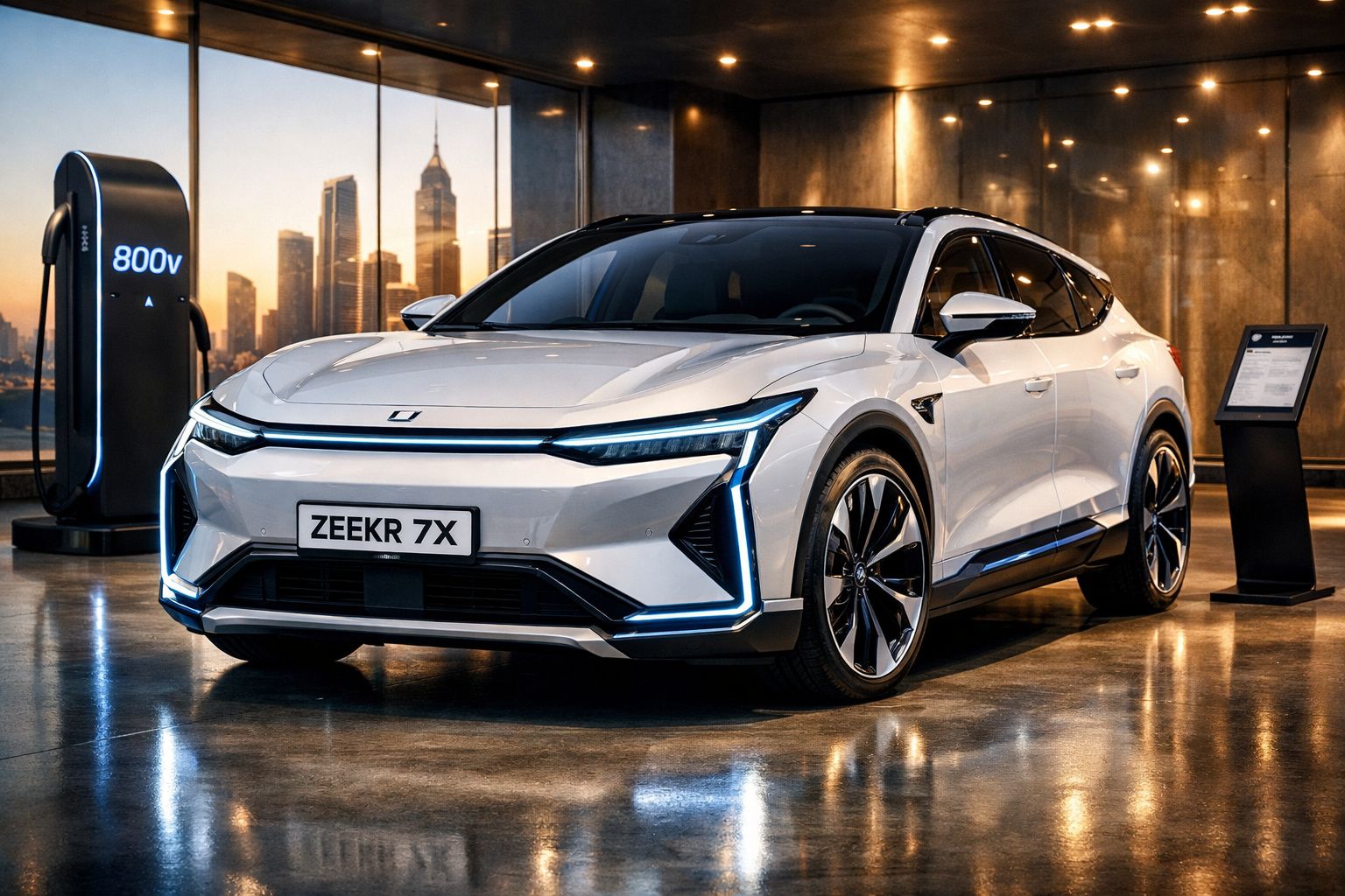 Carro elétrico branco Zeekr 7X em ambiente interno com piso refletivo, carregador 800v e cidade ao fundo.
