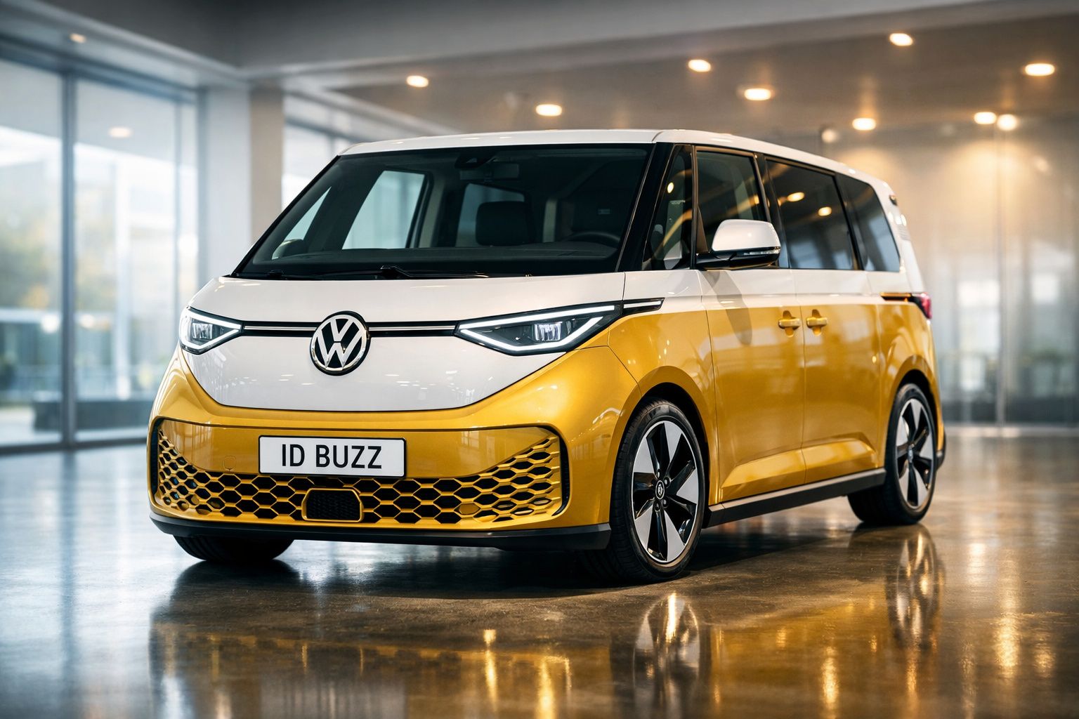 Carro elétrico Volkswagen ID Buzz amarelo e branco em piso poliédrico refletivo dentro de prédio moderno.