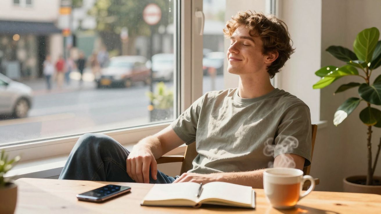 Jovem sentado ao sol perto da janela com um caderno aberto, celular e xícara de chá fumegante na mesa.