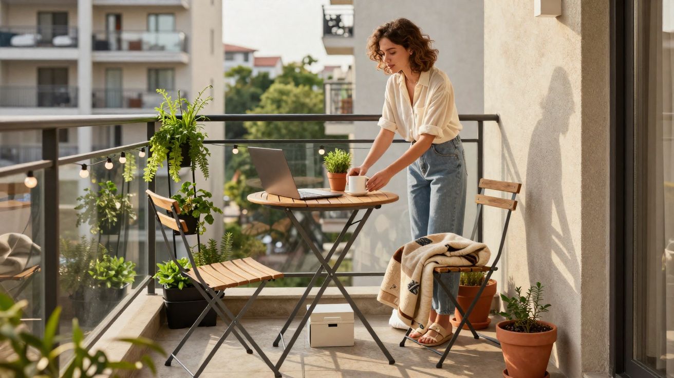 Mulher organiza caneca em mesa de varanda com laptop, plantas e cadeira com manta.