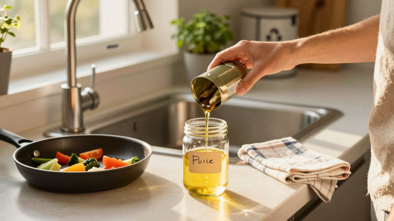 Pessoa derramando azeite em pote de vidro na cozinha, com legumes na frigideira ao lado.