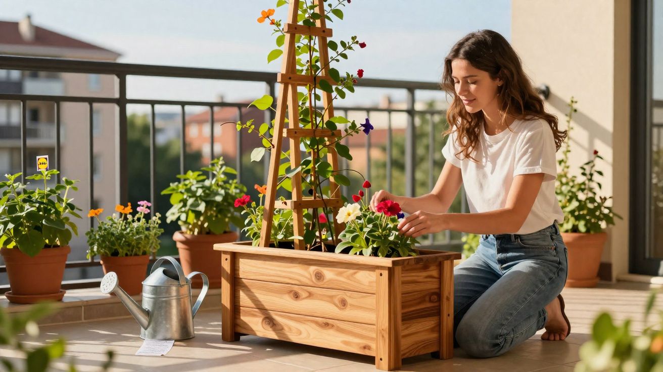 Mulher cuidando de flores em vaso de madeira em varanda ensolarada com regador ao lado.