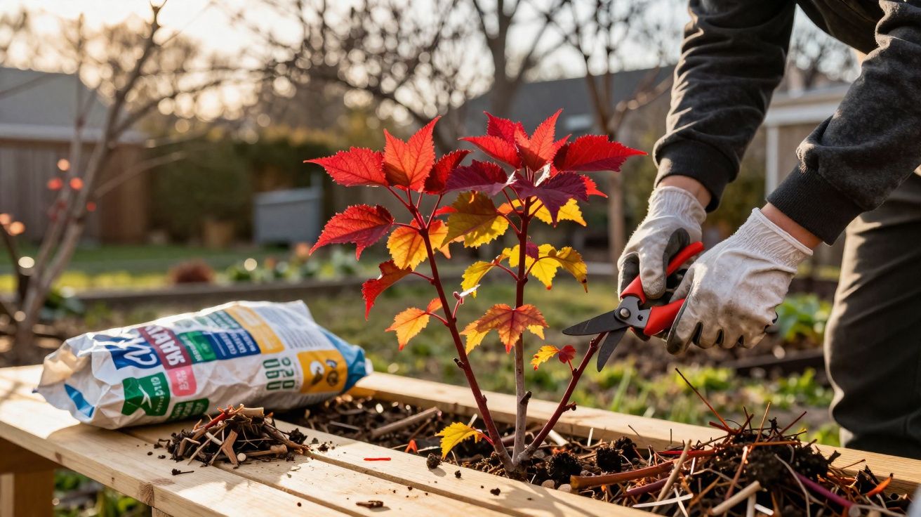 Pessoa podando planta com folhas vermelhas e amarelas em jardim, usando luvas e tesoura de poda.