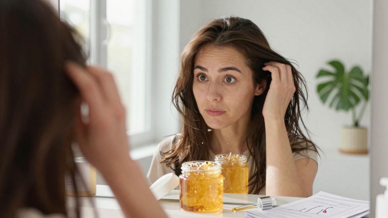 Mulher olhando seu rosto no espelho em banheiro com potes de geléia e documentos sobre a pia.