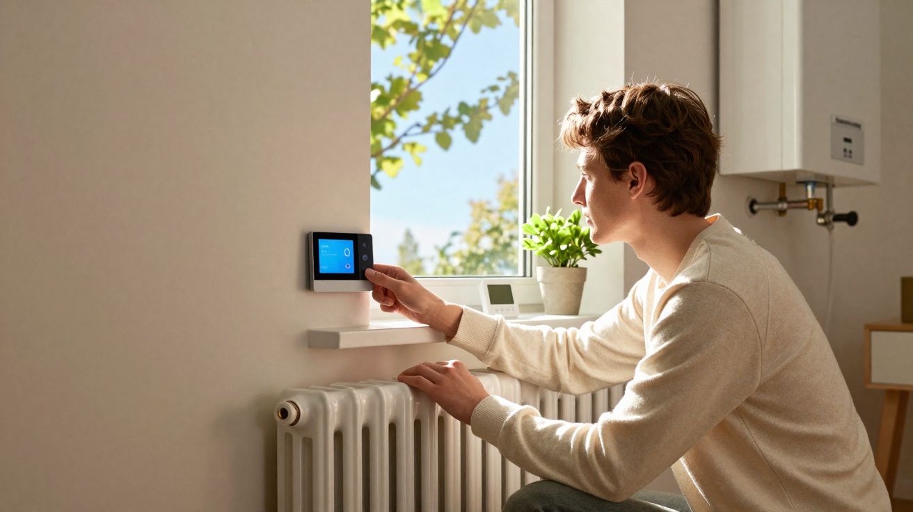 Jovem ajusta termostato digital ao lado de radiador em ambiente interno iluminado pela luz natural.