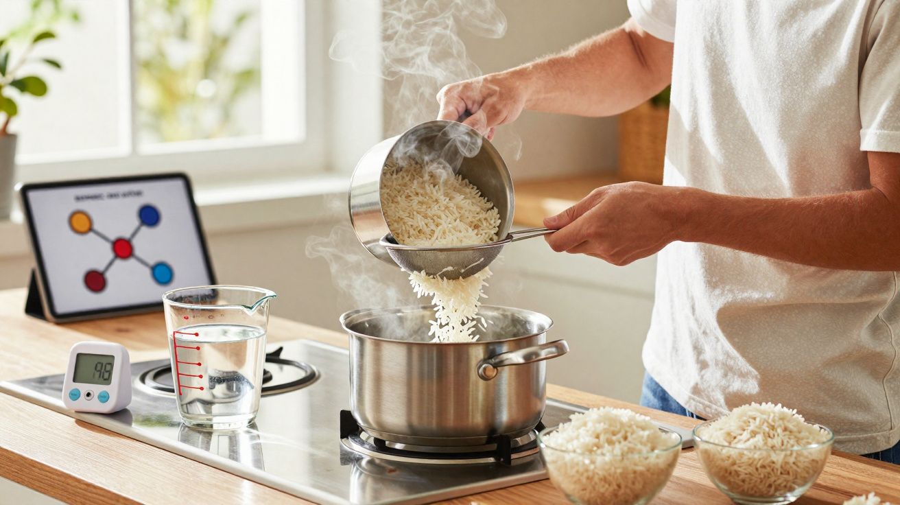 Pessoa adicionando arroz cozido em panela com vapor em cozinha moderna, ao lado de copo d'água e tablet.