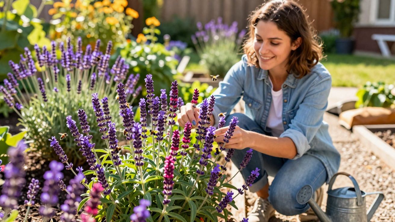 Mulher cuidando de flores roxas em jardim ensolarado com regador ao lado.