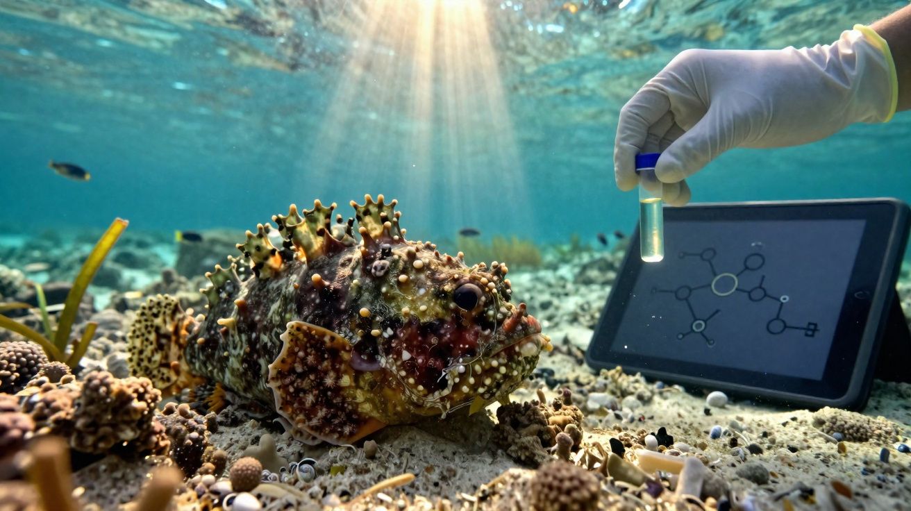Peixe camuflado no fundo do mar com mão usando luva segurando tubo de ensaio e tablet com fórmula química.