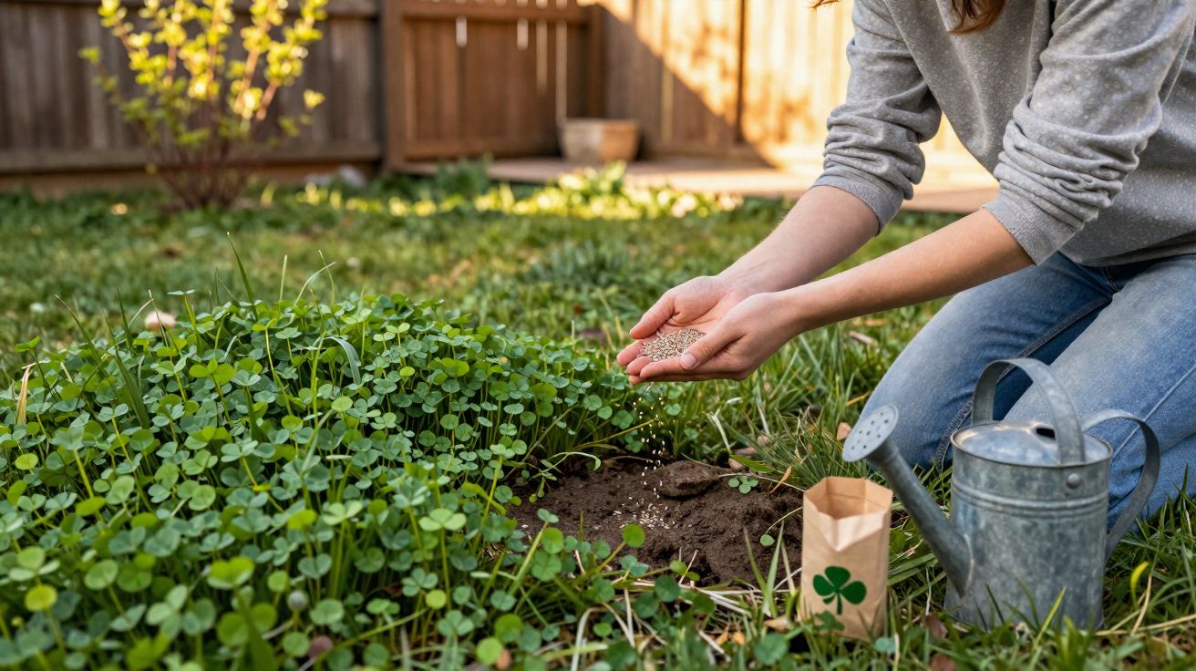 Pessoa semidescoberta planta sementes em jardim com regador e saco de sementes ao lado.