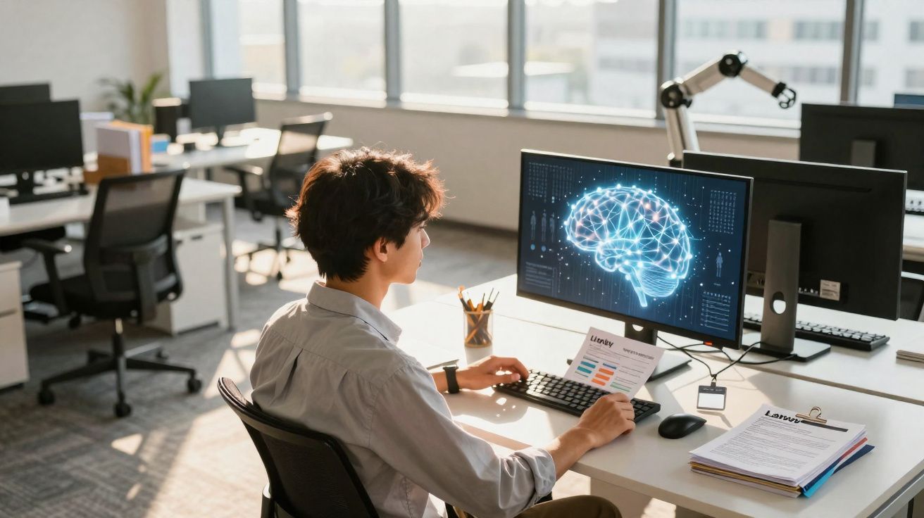 Pessoa sentada em escritório olhando para tela de computador com imagem digital de cérebro iluminado.