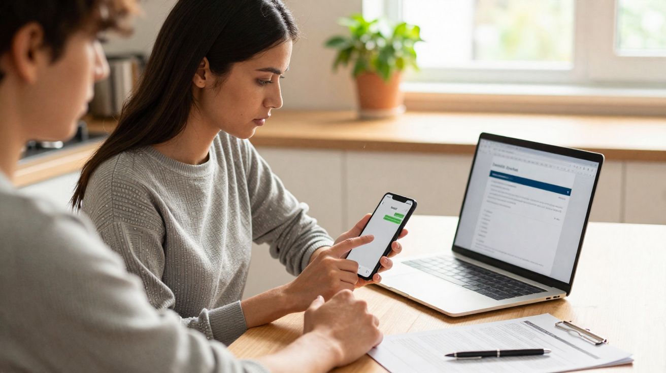 Mulher usando smartphone para digitar mensagem enquanto homem observa, com laptop e documentos à mesa.