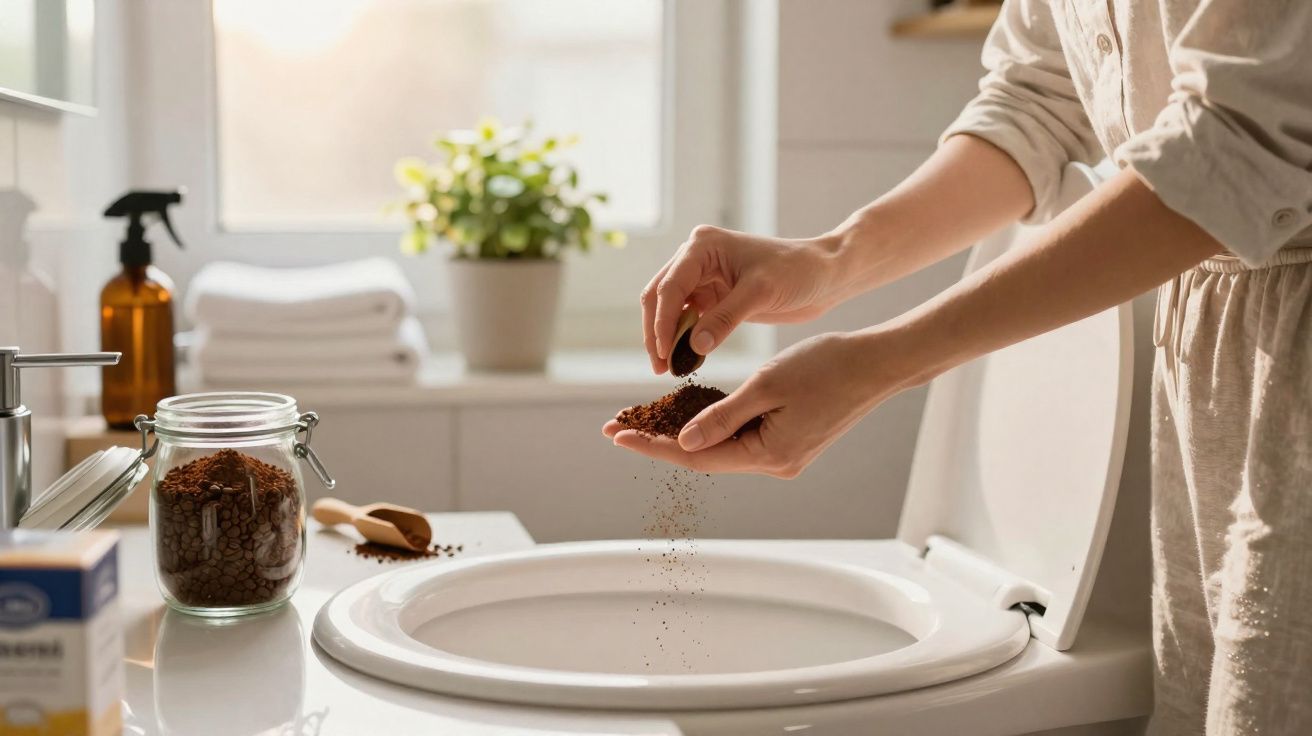 Pessoa colocando borra de café no vaso sanitário em banheiro iluminado, planta ao fundo.