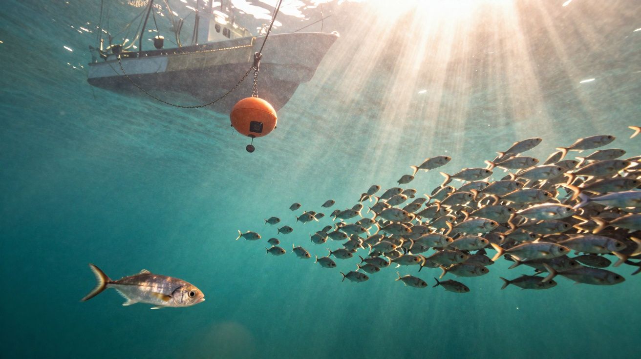 Cardume de peixes nadando próximo à superfície do mar com barco e boia visíveis acima d'água.