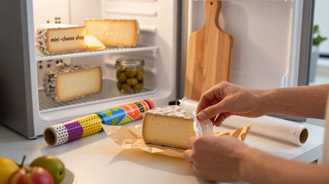 Mãos embalando pedaço de queijo em papel manteiga na cozinha com mini geladeira ao fundo.