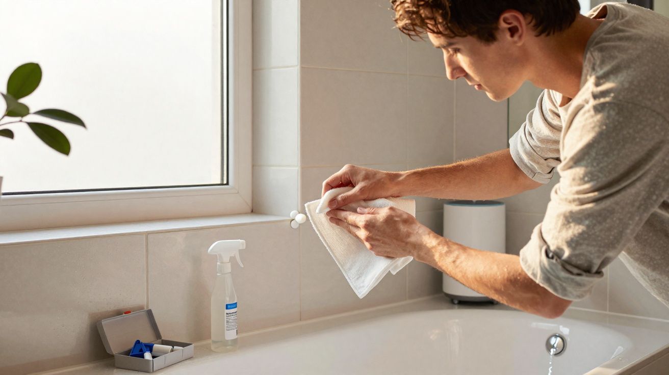 Homem limpando maçaneta de janela no banheiro com pano branco, perto de pia e produtos de limpeza.