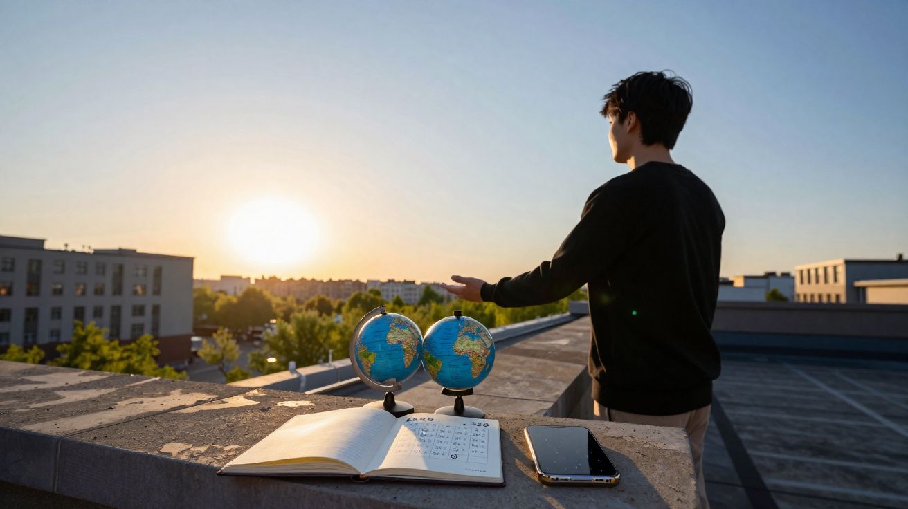 Pessoa em um terraço ao pôr do sol com dois globos, um caderno aberto e um celular.