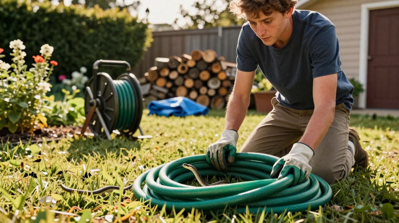 Jovem ajoelhado enrola mangueira de jardim verde em gramado, com luvas de jardinagem.