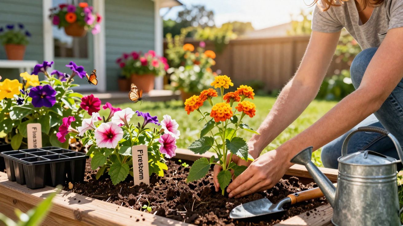 Pessoa plantando flores coloridas em canteiro elevado em jardim ensolarado com regador e borboletas.