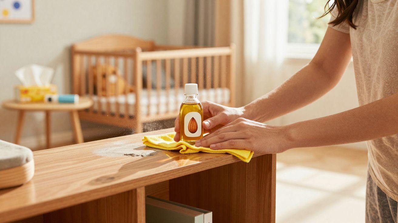 Pessoa limpando móvel de madeira com pano amarelo e óleo de amêndoas em quarto de bebê iluminado.