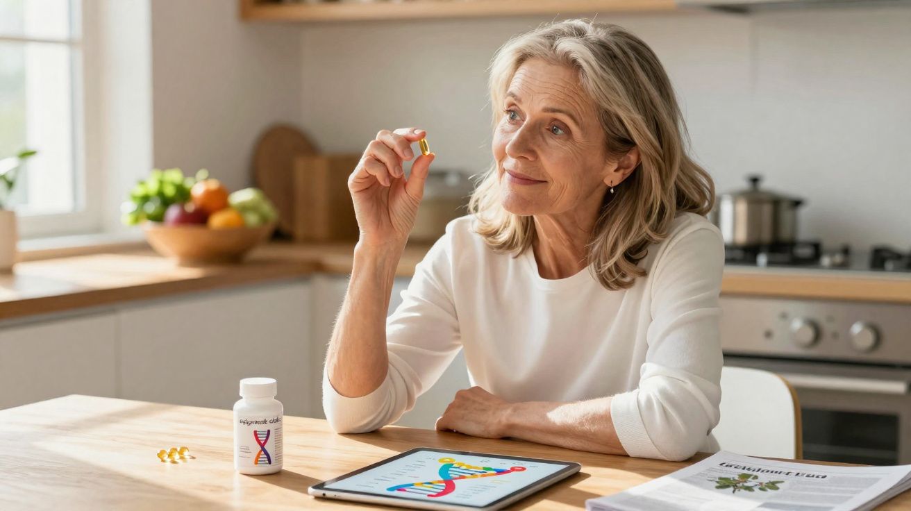 Mulher madura segurando cápsula perto de frasco de suplemento, com tablet exibindo DNA na mesa da cozinha.