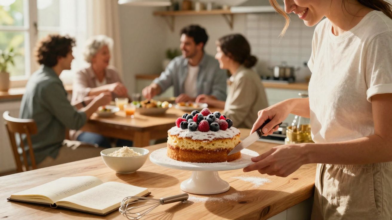 Mulher cortando bolo com frutas vermelhas enquanto três pessoas conversam e comem ao fundo na cozinha.