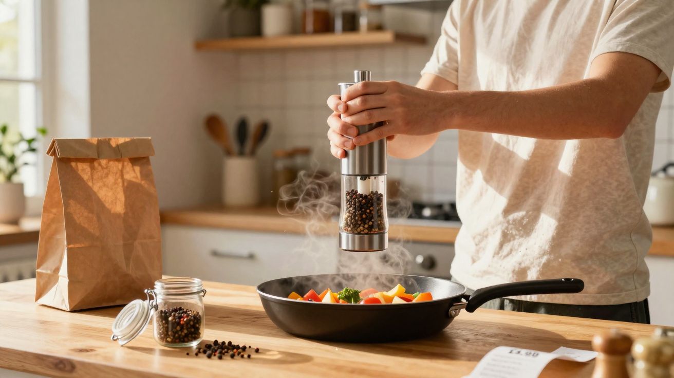 Pessoa moendo pimenta sobre legumes coloridos em frigideira na cozinha iluminada natural.