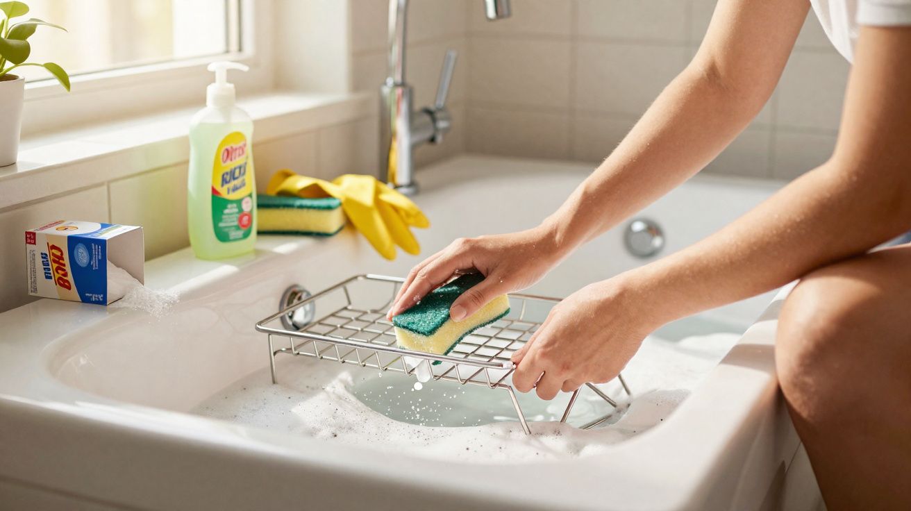 Pessoa lavando escorredor de pratos com esponja verde em pia cheia de água e espuma.