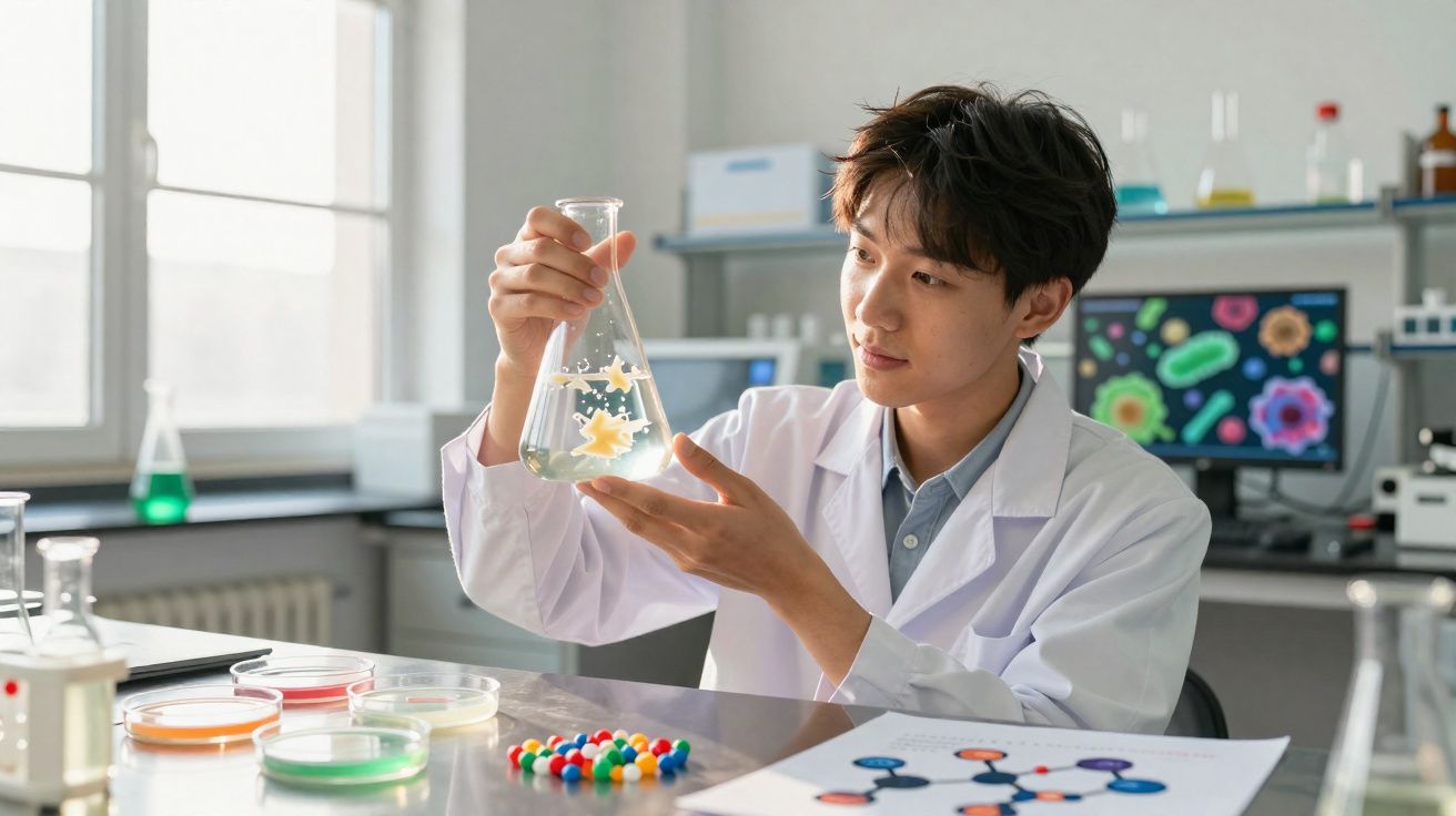 Jovem cientista em laboratório segurando um frasco com líquido e observando partículas coloridas dentro dele.