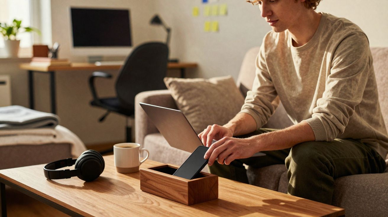 Jovem senta no sofá, guardando um celular numa caixa de madeira em frente a um laptop ligado.