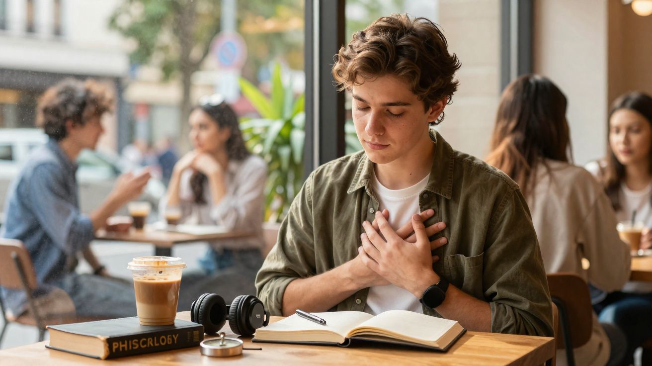 Jovem sentado em cafeteria lendo livro, mão no peito, ao fundo pessoas conversam e bebem café.