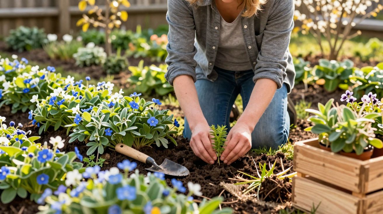 Pessoa com camisa cinza plantando muda em jardim florido com flores azuis e ferramentas de jardinagem.
