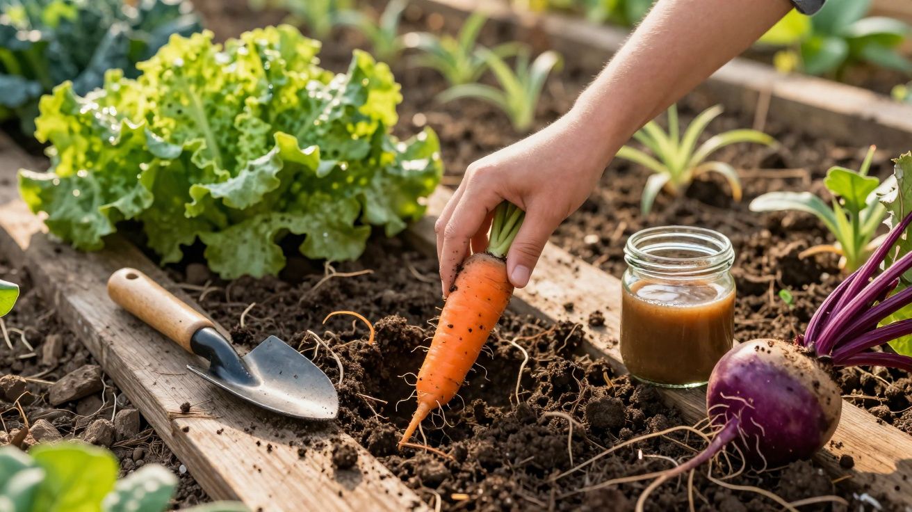 Mão colhendo cenoura em horta com alface, beterraba, pá de jardinagem e frasco de vidro.