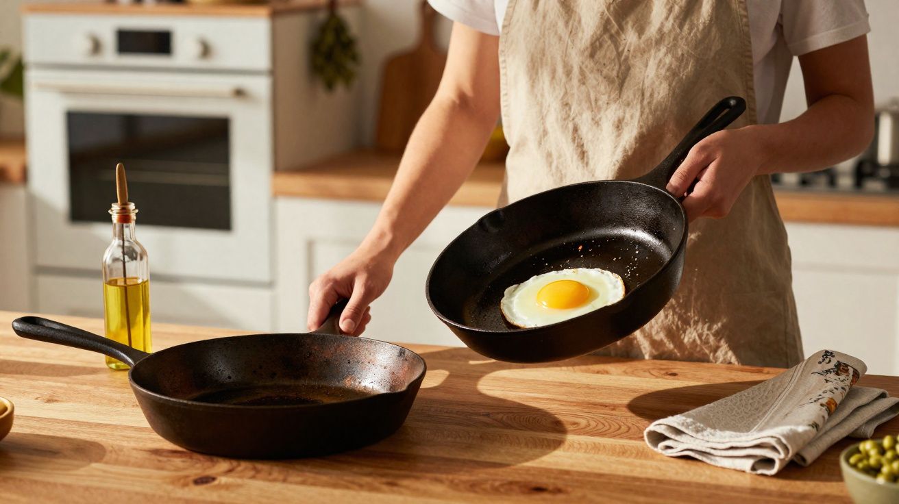 Pessoa segurando frigideira com ovo frito em cozinha, próximo a outra frigideira e uma garrafa de azeite.