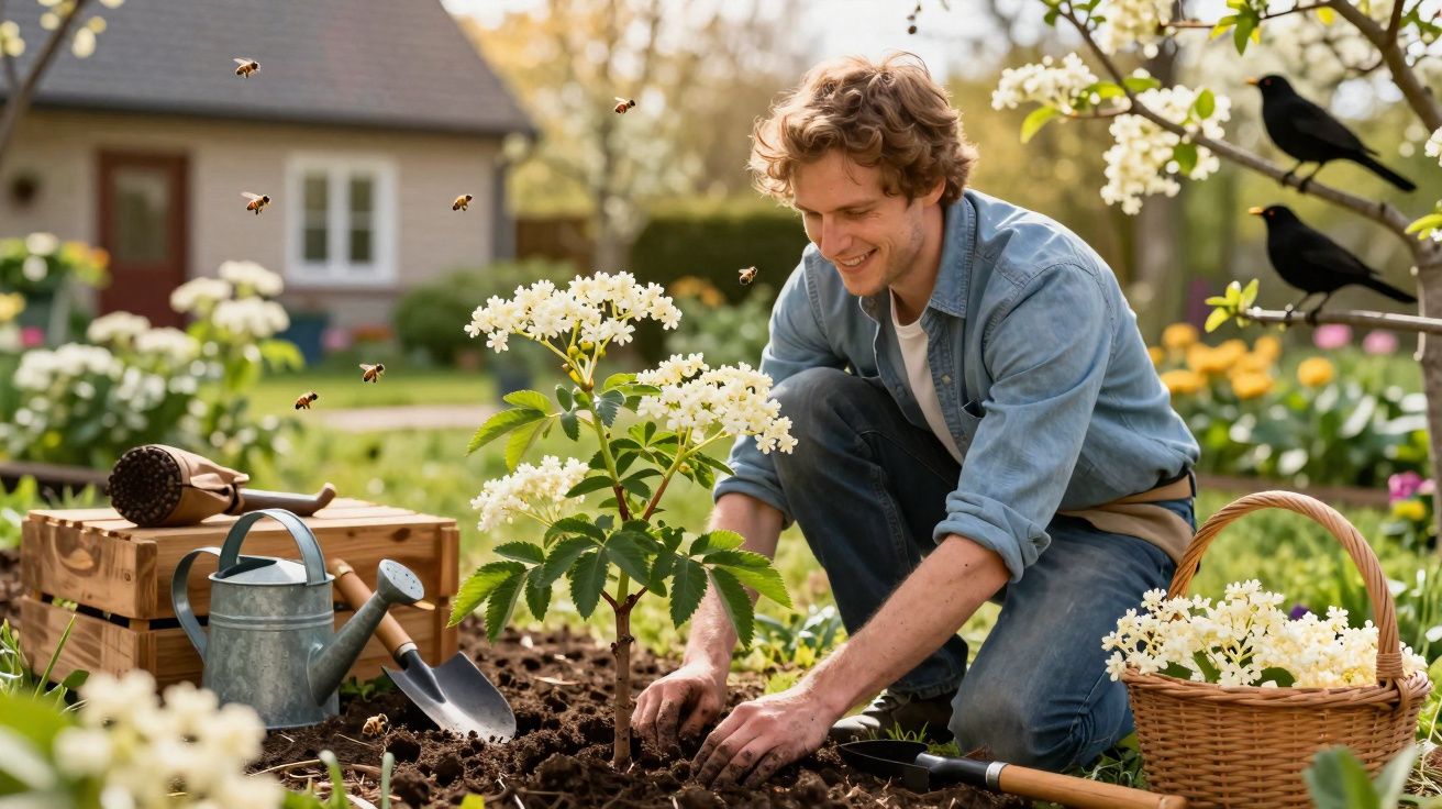 Homem sorridente plantando flores brancas em jardim ensolarado, cercado por ferramentas e abelhas.