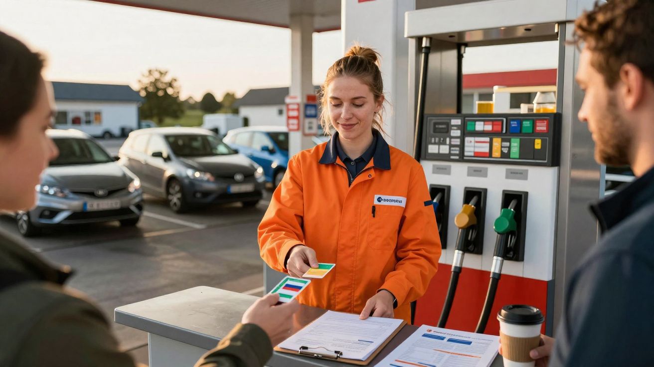 Funcionária de posto de combustível atende dois clientes enquanto recebe cartões para pagamento.