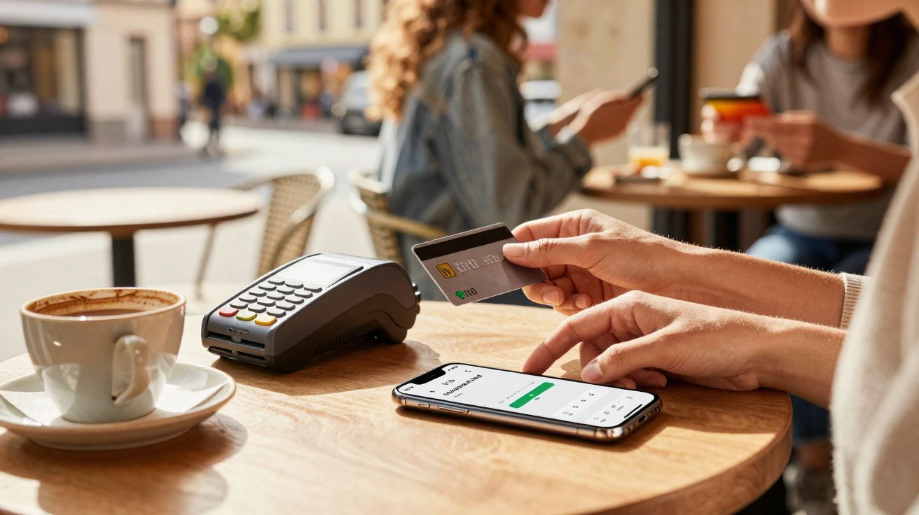 Pessoa usando cartão de crédito para pagar no celular em cafeteria, mesa com café e máquina de cartão.