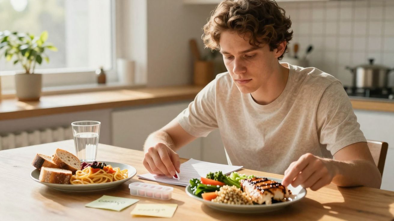 Jovem sentado à mesa lendo anotações com refeições e comprimidos para controle de dieta.