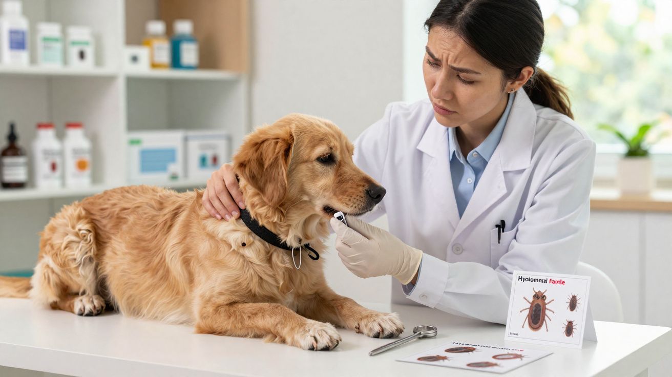 Veterinária aplicando medicamento oral em cachorro dourado em clínica veterinária.