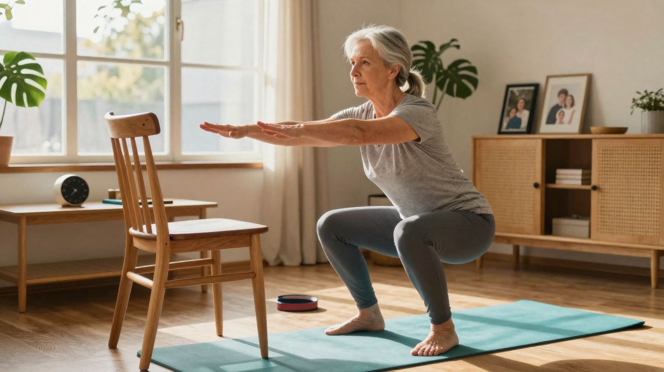 Mulher idosa fazendo exercício de agachamento em tapete azul na sala com cadeira de madeira.