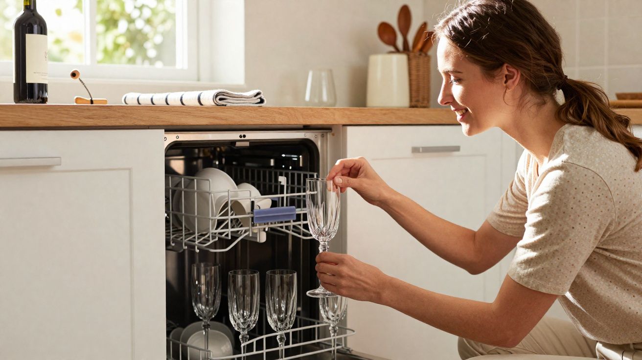 Mulher sorrindo organiza taças em lava-louças em cozinha com iluminação natural.