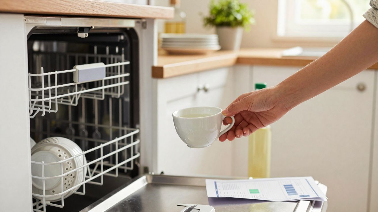 Mão segurando xícara branca próxima à lava-louças aberta em cozinha iluminada naturalmente.