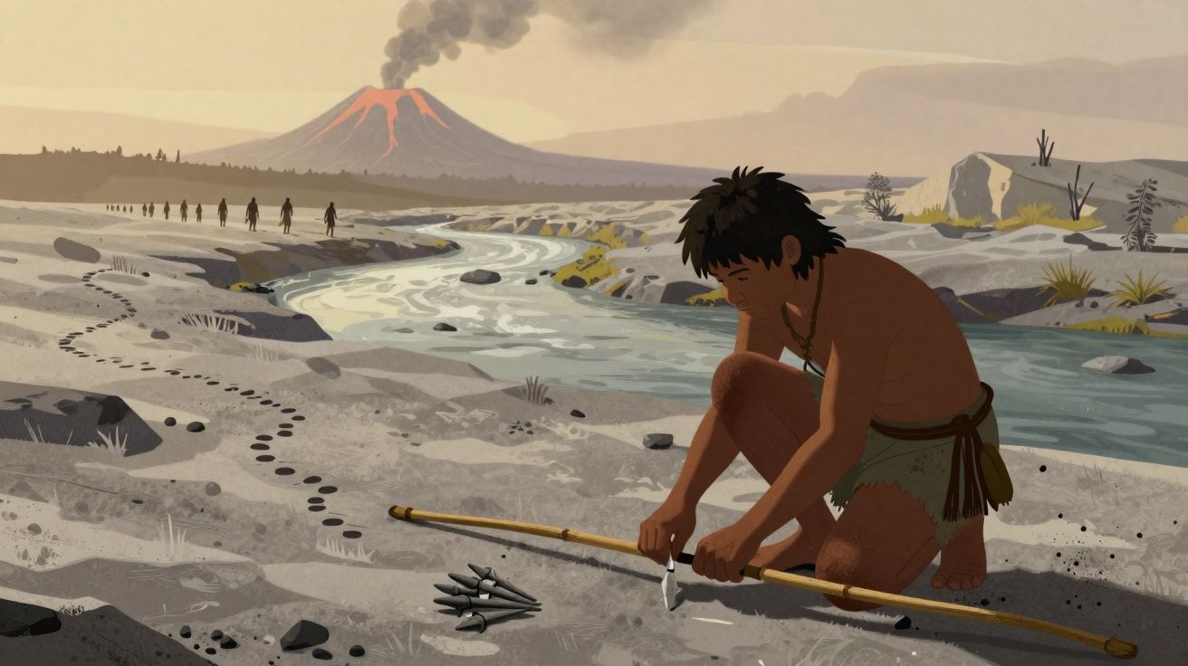Jovem pré-histórico preparando lanças próximo a rio com vulcão ativo ao fundo e grupo de pessoas caminhando.