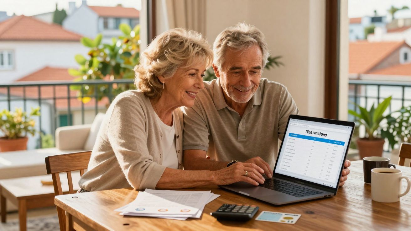 Casal idoso sorrindo enquanto analisa dados financeiros em um laptop na mesa da cozinha iluminada.