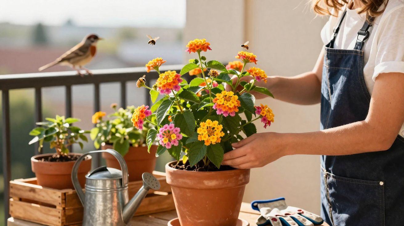 Pessoa cuidando de plantas com flores coloridas em vaso, pássaro no parapeito e abelhas voando no jardim.