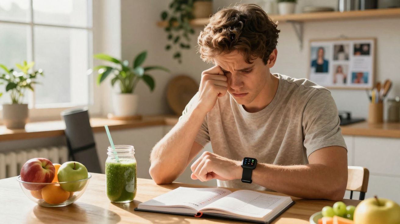 Jovem sentado à mesa em casa, lendo livro e olhando o relógio, com expressão concentrada e cansada.