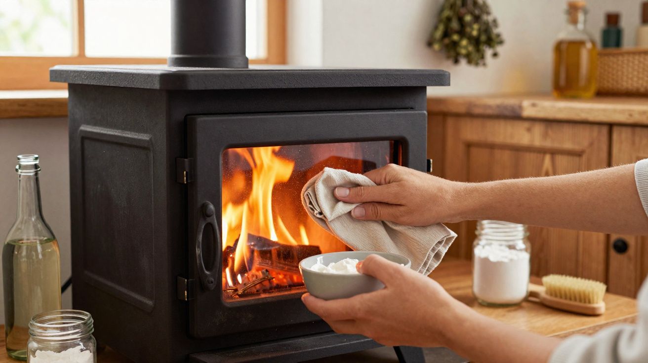 Pessoa limpando a porta de vidro de um fogão a lenha com fogo aceso em ambiente doméstico.