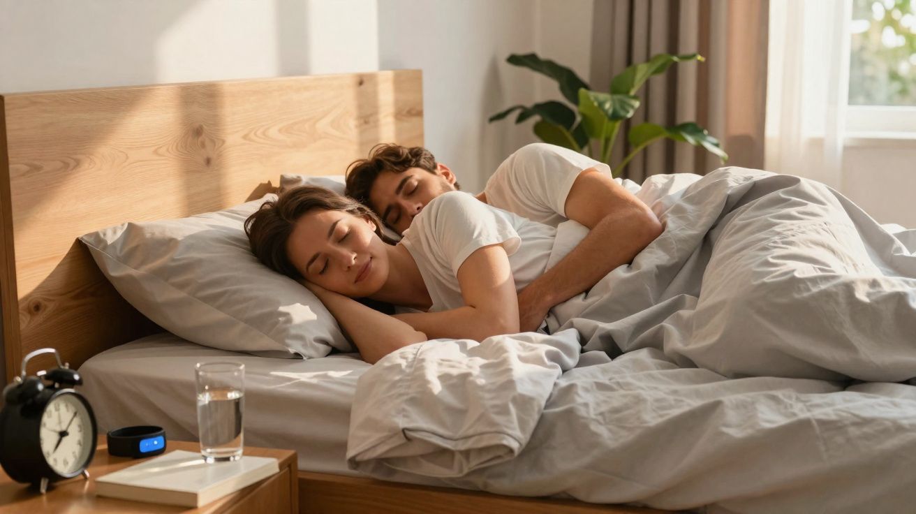 Casal dormindo abraçado em cama de madeira com roupa de cama cinza, próximo a mesa com relógio e copo d'água.